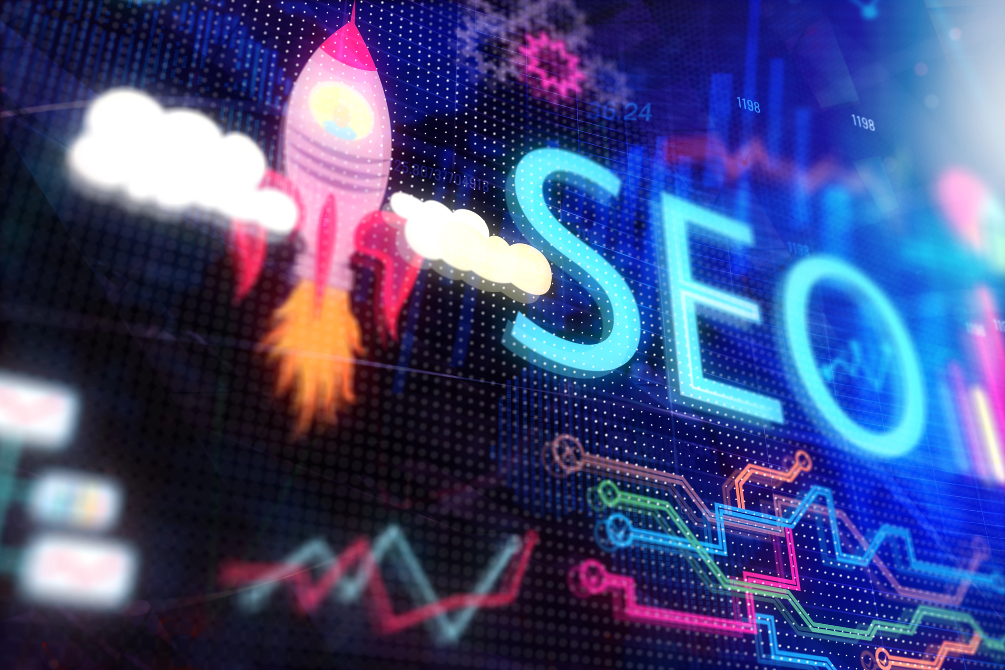 Glowing neon SEO dashboard with rocket graphic symbolizing cannabis website SEO growth